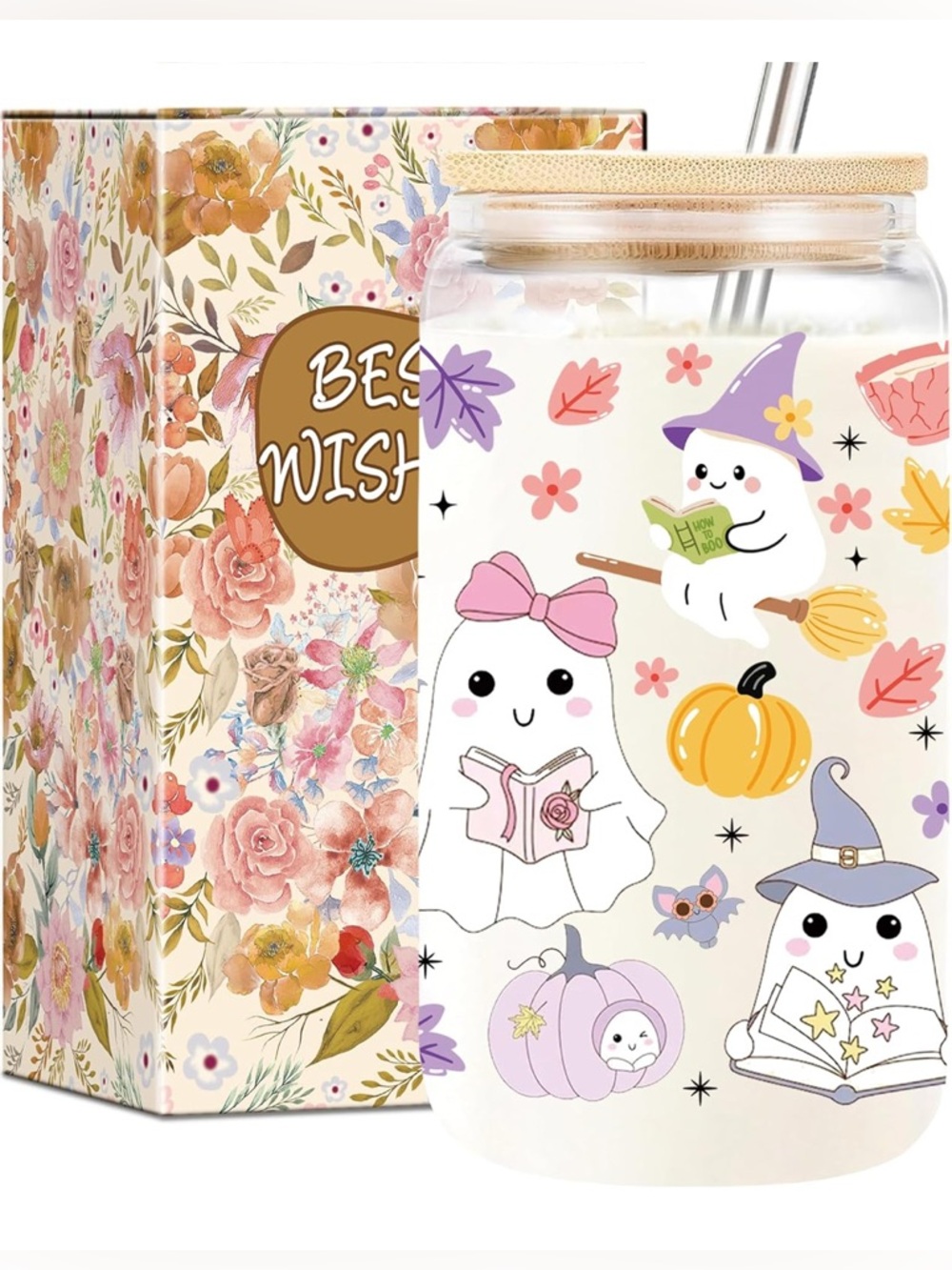 NIB- Cute borosilicate Glass 
Halloween Ghost Tumbler with Straw
